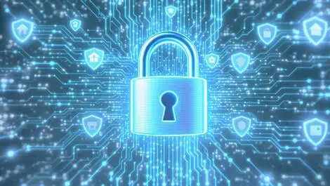 Digital padlock surrounded by circuitry and shield icons data encryption