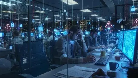 Stressed professionals digital devices security symbols work life imbalance