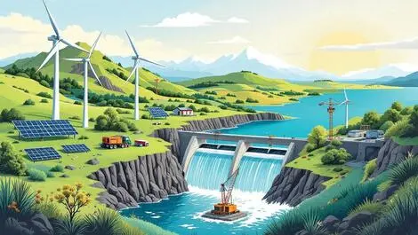 New zealand landscape wind turbines solar panels hydropower dam construction cranes skills shortages development