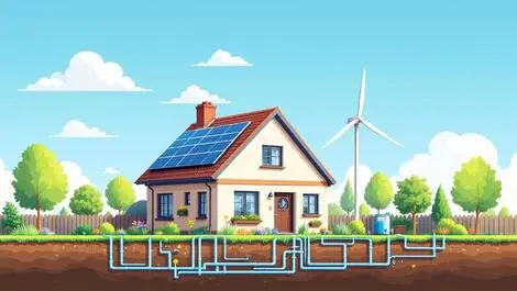Modern uk home solar panels wind turbine garden natural gas pipes