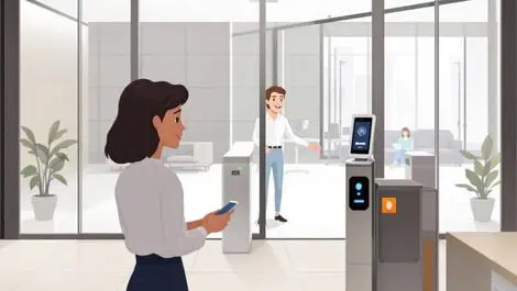 Realistic modern security turnstile with facial recognition and fingerprint scanner office entrance