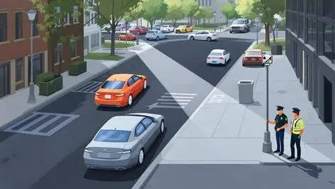 City street parked cars camera sensor street pole parking officer checking