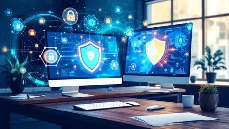 Corporate office computer screens shield icons ai neural network security