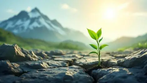 Green sapling growing through rocky ground new zealand silhouette symbolizing resilience growth