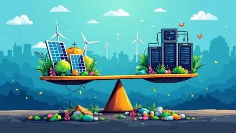 Balance scale eco friendly technology vs electronic waste environmental impact