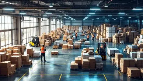 Realistic modern warehouse interior pallets boxes forklifts workers efficient logistics