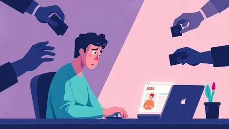 Worried jobseeker at desk laptop suspicious job listing shadowy money exchange