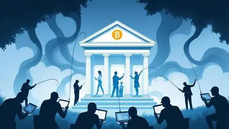 Bank building shadowy figures with laptops phishing hooks targeting employees illustration