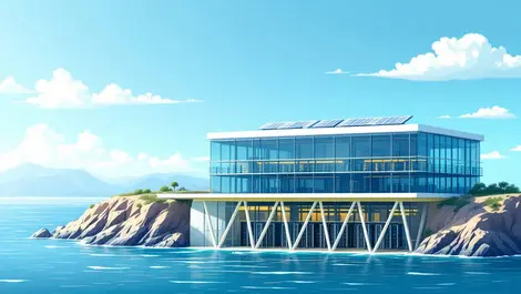 Modern data centre building gibraltar coastline servers solar panels blue sky