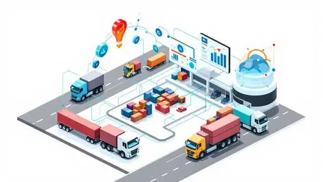 Modern logistics hub trucks shipping containers warehouses digital lines analytics