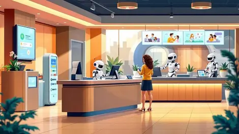 Modern hotel lobby robots assisting guests automated kiosks digital screens