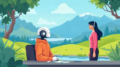 Worried new zealand customer with robot and friendly human agent in nz landscape