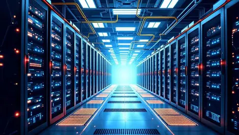 Realistic high tech data center interior networking routers cooling systems chipboards secure energy efficient