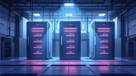 Modern data center room three compact server racks glowing lights cooling systems cloud infrastructure