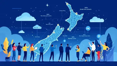 Business professionals collaborating new zealand map cloud connections saas growth