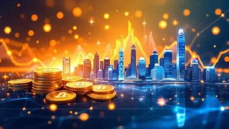Digital coins financial graphs connecting singapore hong kong skyline crypto defi asia