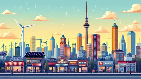 Canadian city skyline wind turbines solar panels ai digital connections small businesses