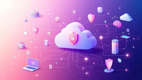 Digital illustration secure cloud network shields ai brain connected devices protecting data