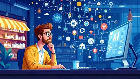 Small business owners considering ai icons on computer screen in shops and offices