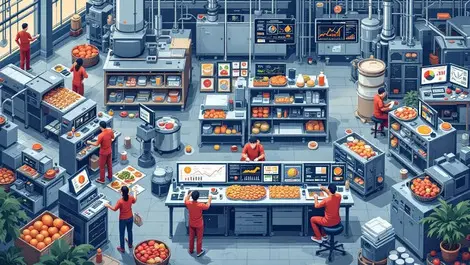 Realistic busy us food factory workers machines computers data graphs tech integration