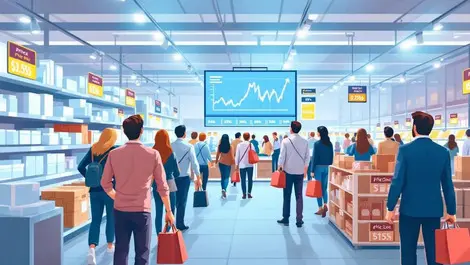 Realistic illustration busy retail store digital price tags dynamic pricing graphs