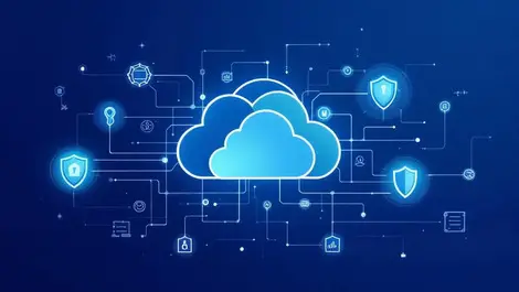 Complex network map overlapping digital shields interconnected cloud icons security integration
