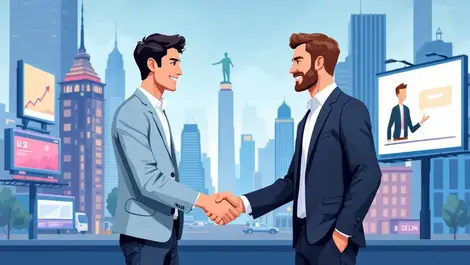 Handshake businessperson creative advertiser us city buildings media