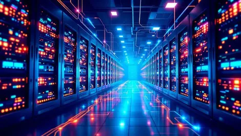 Modern data centre server racks glowing network connections highspeed data transfer