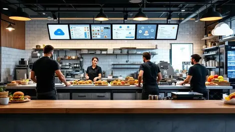 Modern fast food restaurant counter digital screens kitchen staff burgers cloud icons