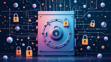Secure data vault protected by padlocks quantum particles cybersecurity threats