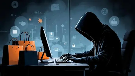 Shadowy figure online scams shopping bags digital symbols australian flag