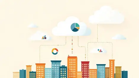Interconnected clouds above cityscape with pie charts and graphs symbolizing cloud cost management