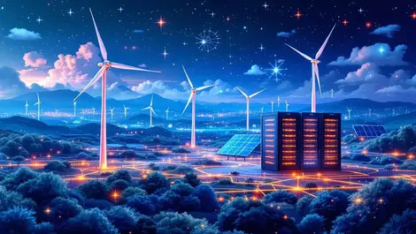 Modern data centers wind turbines solar panels ai network uk australia landscape