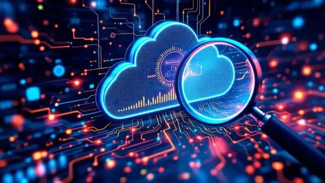 Detailed illustration cloud servers magnifying glass data analysis modern data center