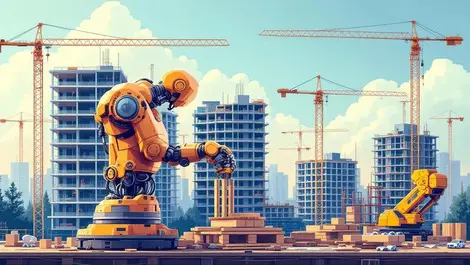 Robotic arm assembling materials modern automation us construction site