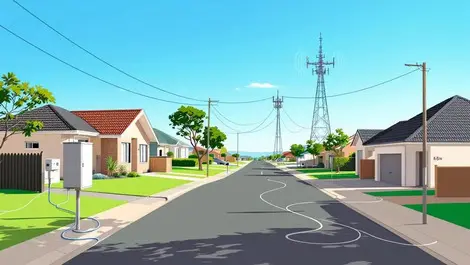 Australian suburban street nbn cables vs distant 5g tower scene