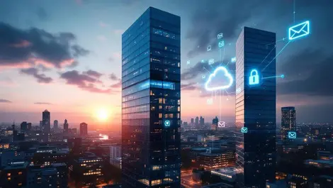 German office buildings merge with glowing cloud email security shield