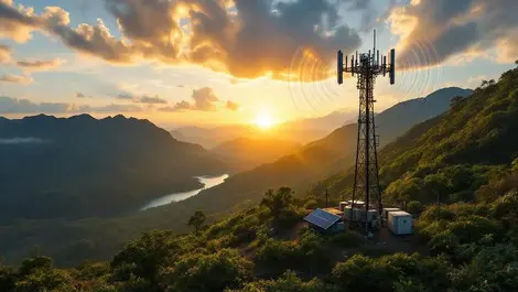 Remote papua new guinea coast mobile tower sunrise solar power
