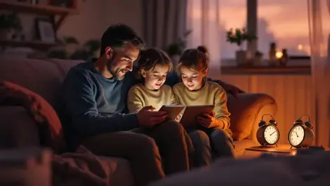 British evening living room kids with tablets parents setting timer