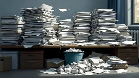 Cluttered uk law firm desk with contract stacks wasted money