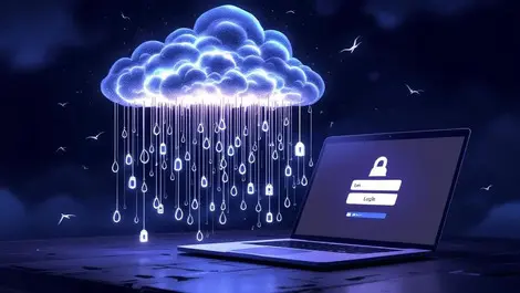 Cloud server cluster hooks into laptop symbolizing mass phishing