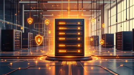 Server room firewall auto updates glowing shields network security