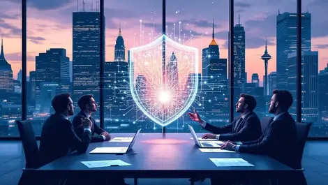Corporate boardroom dusk holographic data shield trust meeting