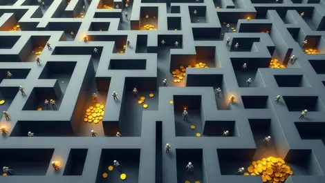Corporate office maze with robot ai agents and few paths to gold