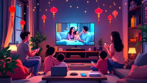 Singapore family lunar new year living room streaming movie wifi