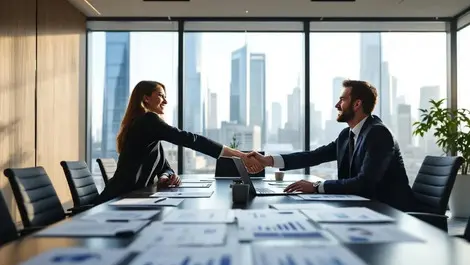 Modern law office boardroom uk us execs handshake contracts data