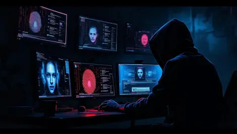 Shadowy hacker at multiple monitors faces fingerprints binary