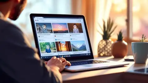 Nz adult watching laptop with social video thumbnails fraud shield