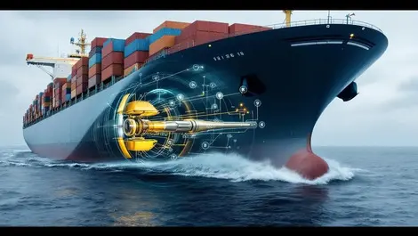 Modern cargo ship propeller shaft sensors data link research lab