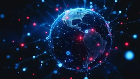 Moody globe of network cables with hidden red cyber threat nodes